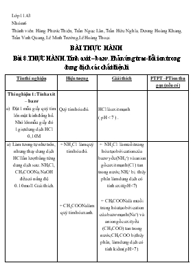 Giáo án Bài 8 Thực hành. Tính axit  bazơ. phản ứng trao đổi ion trong dung dịch các chất điện li